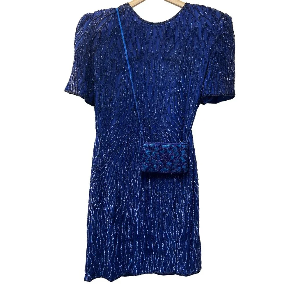 Laurence Kazar Vintage 80's Royal Blue Silk Sequin Cocktail Dress and Purse - Picture 2 of 11